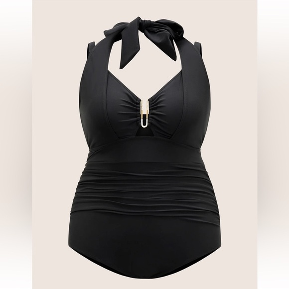 BloomChic Plus Size 4XL Solid Ruched Metal Buckle Detail One Pieces Swimsuit - Picture 6 of 7